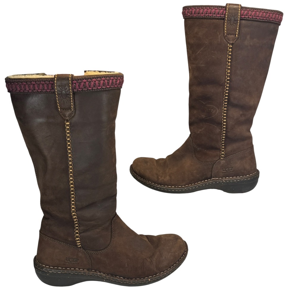 UGG Brown‎ Leather Tall Shearling Boots Women's 8 Stitch Detail Cozy Winter